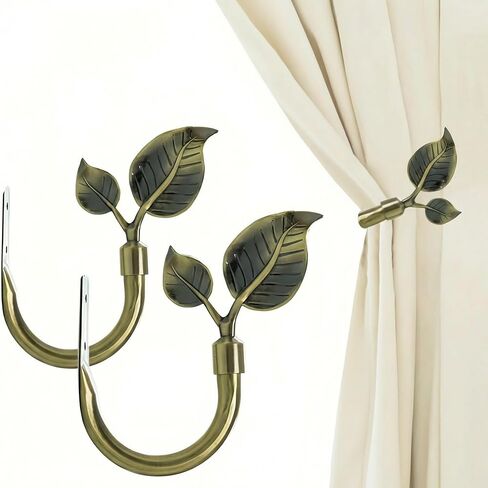 Leaf Shaped Curtain Tieback Holdbacks 2pcs, Handmade Metal Curtain Side Holders for Wall, Curtain Hook Pull Backs for Drapes Window Decoration (Antique Brass) in Saudi Arabia
