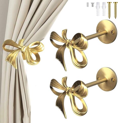 2 Pcs Brass Bow Curtain Holdbacks Wall Mounted Gold Curtain Holdbacks Bow Modern Decorative Drapery Pull Back Hooks with Screws Accessories for Living Room Bedroom Office Home in Saudi Arabia