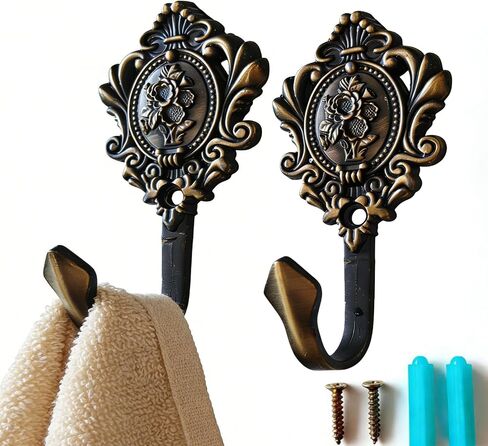 2Pcs Wall Hooks Red Copper Rose Pattern Carved Vintage Drapery Clothes Key Hook Bathroom Bedroom Multi-Function Decorative Hook with Screws+Expansion Plugs in Saudi Arabia