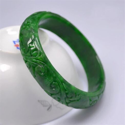 SMDSAZ Real Burma Jade Bangle Green Emerald Hand-Carved Exquisite Amulet Bracelet Women Jewelry Grade Jadeite Bangle (Gem Color : 60-62mm) in Saudi Arabia