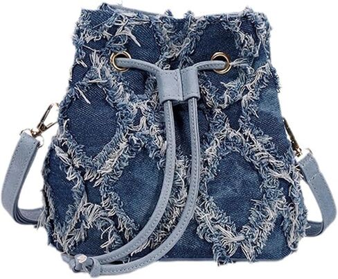 Distressed Denim Purse for Women Drawstring Bucket Crossbody Bag Casual Hobo Jean Purses (Blue-A) in Saudi Arabia