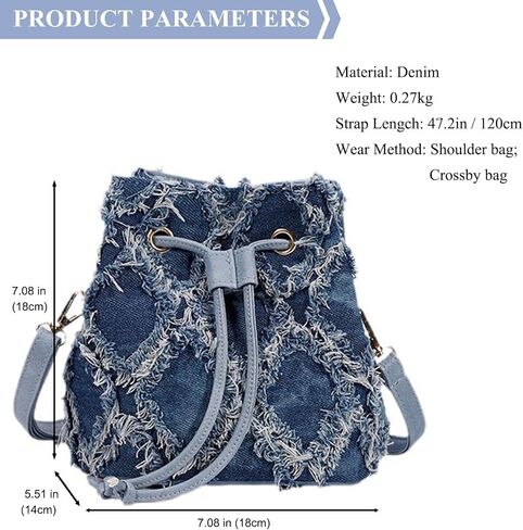 Distressed Denim Purse for Women Drawstring Bucket Crossbody Bag Casual Hobo Jean Purses (Blue-A) in Saudi Arabia