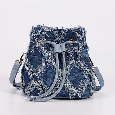 Distressed Denim Purse for Women Drawstring Bucket Crossbody Bag Casual Hobo Jean Purses (Blue-A) in Saudi Arabia