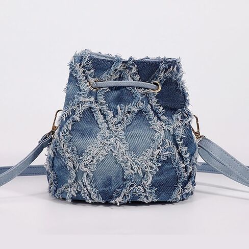 Distressed Denim Purse for Women Drawstring Bucket Crossbody Bag Casual Hobo Jean Purses (Blue-A) in Saudi Arabia