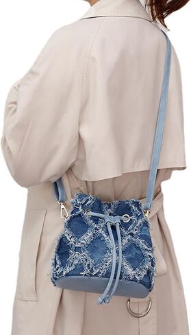 Distressed Denim Purse for Women Drawstring Bucket Crossbody Bag Casual Hobo Jean Purses (Blue-A) in Saudi Arabia