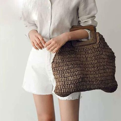 Straw Tote Bag with Wooden Handle Women Hobo Woven Handbag Summer Beach Travel (brown) in Saudi Arabia