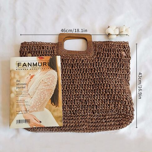 Straw Tote Bag with Wooden Handle Women Hobo Woven Handbag Summer Beach Travel (brown) in Saudi Arabia