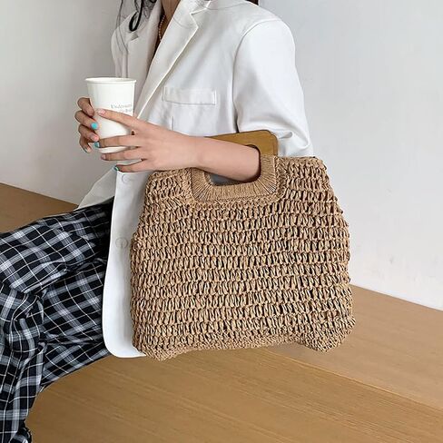 Straw Tote Bag with Wooden Handle Women Hobo Woven Handbag Summer Beach Travel (brown) in Saudi Arabia