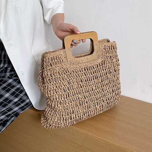 Straw Tote Bag with Wooden Handle Women Hobo Woven Handbag Summer Beach Travel (brown) in Saudi Arabia