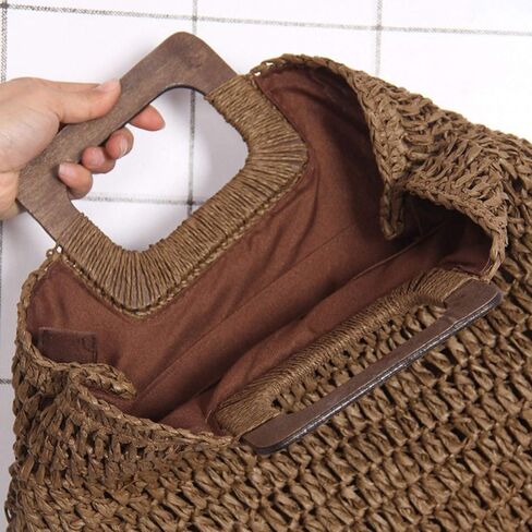 Straw Tote Bag with Wooden Handle Women Hobo Woven Handbag Summer Beach Travel (brown) in Saudi Arabia