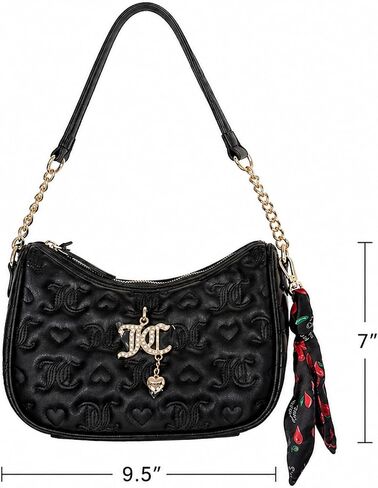 حقيبة كتف Juicy Couture Everything Nice بشعار مبطن ومحفظة هوبو مع حزام سلسلة وتفاصيل ساحرة (أسود) in Kuwait