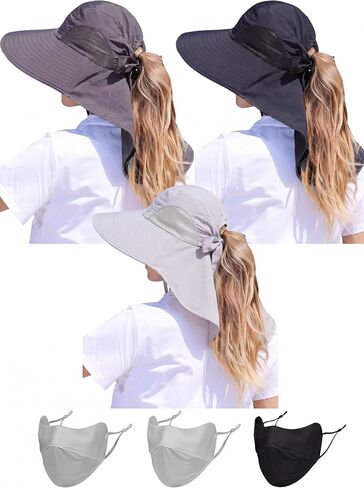 Cuffbow 6 Pcs Womens Sun Hat Outdoor UV Protection Wide Brim Fishing Hat with Ponytail Hole Neck Flap for Beach Hiking Camping in Kuwait