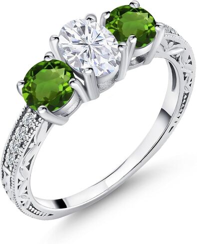 Gem Stone King 2.02 Cttw Oval Moissanite and Chrome Diopside 3-Stone Women Ring | 925 Sterling Silver | Gemstone Birthstone | Wedding Engagement Anniversary Promise Ring For Women in Kuwait
