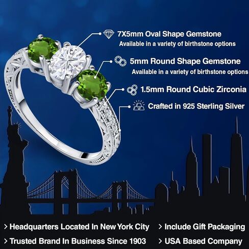 Gem Stone King 2.02 Cttw Oval Moissanite and Chrome Diopside 3-Stone Women Ring | 925 Sterling Silver | Gemstone Birthstone | Wedding Engagement Anniversary Promise Ring For Women in Kuwait
