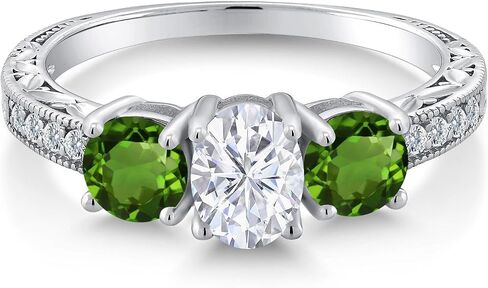 Gem Stone King 2.02 Cttw Oval Moissanite and Chrome Diopside 3-Stone Women Ring | 925 Sterling Silver | Gemstone Birthstone | Wedding Engagement Anniversary Promise Ring For Women in Kuwait