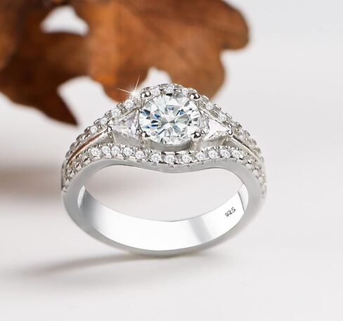 Genuine Solid 925 Sterling Silver with Round Brilliant and Triangle Cut Clear Cz Cubic Zirconia Stone Engagement Wedding Promise Luxury Ring for Women in Saudi Arabia