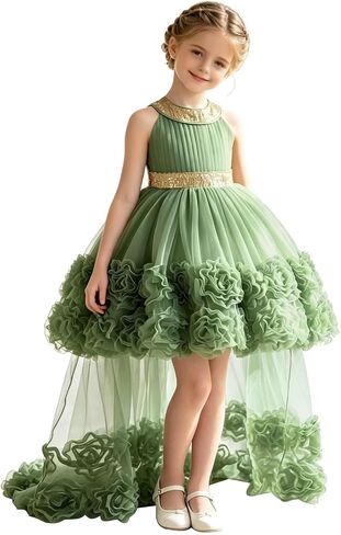 Toddler Girls Flower Dress Sleeveless Sequin Tulle Ball Gown with 3D Rose High-Low Train Birthday Party Princess Dress in Saudi Arabia