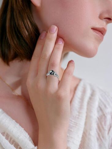 Tahitian Black Pearl AAAA 18K White Gold Plated Sterling Silver Moon Ring for Women Wife Mom Girlfriend Her Jewelry Gift for Anniversary Birthday in Saudi Arabia