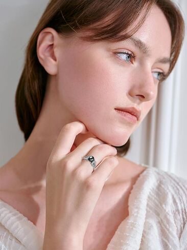 Tahitian Black Pearl AAAA 18K White Gold Plated Sterling Silver Moon Ring for Women Wife Mom Girlfriend Her Jewelry Gift for Anniversary Birthday in Saudi Arabia