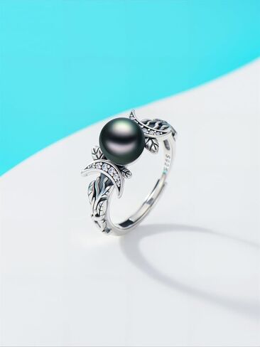 Tahitian Black Pearl AAAA 18K White Gold Plated Sterling Silver Moon Ring for Women Wife Mom Girlfriend Her Jewelry Gift for Anniversary Birthday in Saudi Arabia