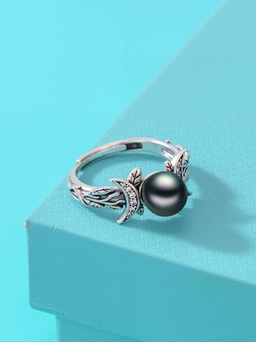 Tahitian Black Pearl AAAA 18K White Gold Plated Sterling Silver Moon Ring for Women Wife Mom Girlfriend Her Jewelry Gift for Anniversary Birthday in Saudi Arabia