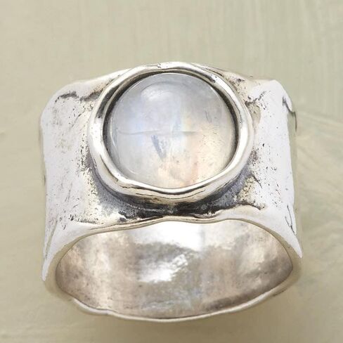 Vintage Round Moonstone 925 Sterling Silver Square Cut Moonstone Wide Band Ring Statement Band Finger Minimalist Vintage Bohemia Rectangle Moonstone Exaggerated Punk Style Size 6 in Saudi Arabia