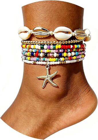 Boho Beaded Shell Anklet Bracelets for Women, 7 Pcs Layered Cowrie Shell & Colorful Beaded Ankle Bracelets with Gold Starfish Charm, Adjustable Summer Beach Foot Jewelry Gifts in Saudi Arabia