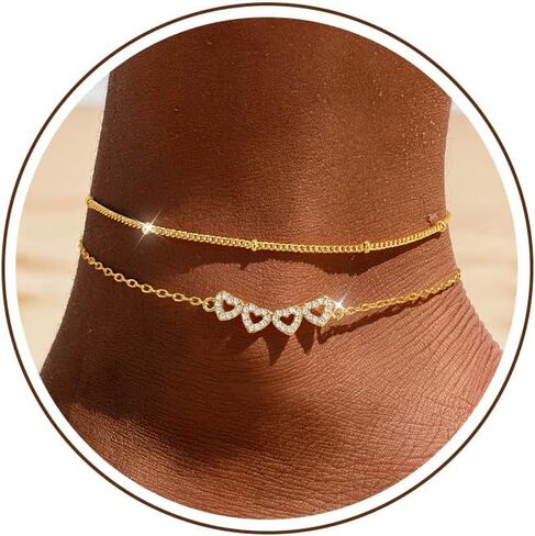 Sterling Silver Ankle Bracelets for Women 14k Gold Waterproof Layered Stackable Bead Chain Dainty Heart Charm Large Adjustable Anklet for Summer Beach Jewelry Gift in Saudi Arabia