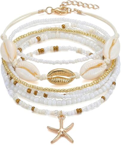 Seashell Anklets for Women Starfish Ankle Bracelet Boho Stack Stretch Beaded Anklet Set Summer Beach Accessories Jewelry in Saudi Arabia