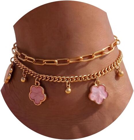 Fesciory Gold Plated Ankle Bracelets for Women, Adjustable Layered Flower Cherry Charm Anklets, Summer Hawaiian Beach Foot Jewelry Gifts 3 Flowers in Saudi Arabia
