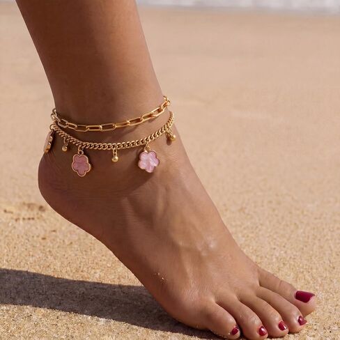 Fesciory Gold Plated Ankle Bracelets for Women, Adjustable Layered Flower Cherry Charm Anklets, Summer Hawaiian Beach Foot Jewelry Gifts 3 Flowers in Saudi Arabia