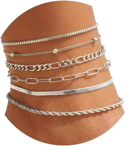 Ankle Bracelets for Women, 14k Gold Plated Layered Stacking Chunky Cuban Link Chain Anklet Set, Silver Waterproof Adjustable Summer Beach Jewelry Gift 6Pcs in Saudi Arabia