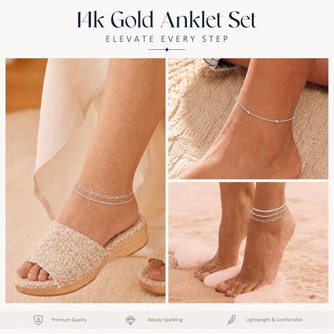 Ankle Bracelets for Women, 14k Gold Plated Layered Stacking Chunky Cuban Link Chain Anklet Set, Silver Waterproof Adjustable Summer Beach Jewelry Gift 6Pcs in Saudi Arabia