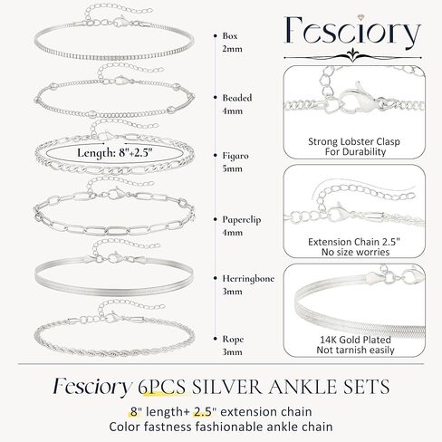 Ankle Bracelets for Women, 14k Gold Plated Layered Stacking Chunky Cuban Link Chain Anklet Set, Silver Waterproof Adjustable Summer Beach Jewelry Gift 6Pcs in Saudi Arabia