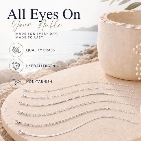 Ankle Bracelets for Women, 14k Gold Plated Layered Stacking Chunky Cuban Link Chain Anklet Set, Silver Waterproof Adjustable Summer Beach Jewelry Gift 6Pcs in Saudi Arabia