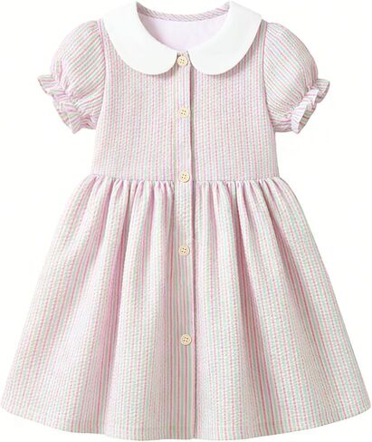 HILEELANG Girls Cotton Striped Dress Peter Pan Collar Short Sleeve Summer Casual Dress for Toddler Little Girls 2-7 Years in Saudi Arabia