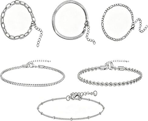 6 Pieces Ankle Bracelets for Women Silver Set, Silver Anklets for Women Anklet Bracelets Plus Size Ankle Bracelet Women's Anklets, Anklet Silvers Suitable to Layering or Individual Wear in Saudi Arabia