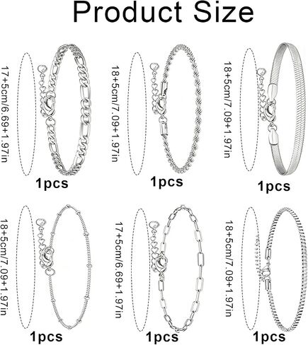 6 Pieces Ankle Bracelets for Women Silver Set, Silver Anklets for Women Anklet Bracelets Plus Size Ankle Bracelet Women's Anklets, Anklet Silvers Suitable to Layering or Individual Wear in Saudi Arabia