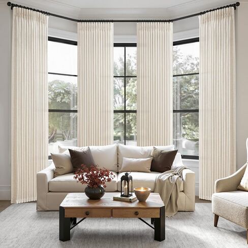 Pinch Pleated Linen Viral Curtains 4 Panels Set for Living Room 96 Inches Long, Birch Memory Trained Pleat Light Sheer Filtering Farmhouse Window Curtain with Hook Ring Ivory Cream Bedroom 8FT Length in Saudi Arabia