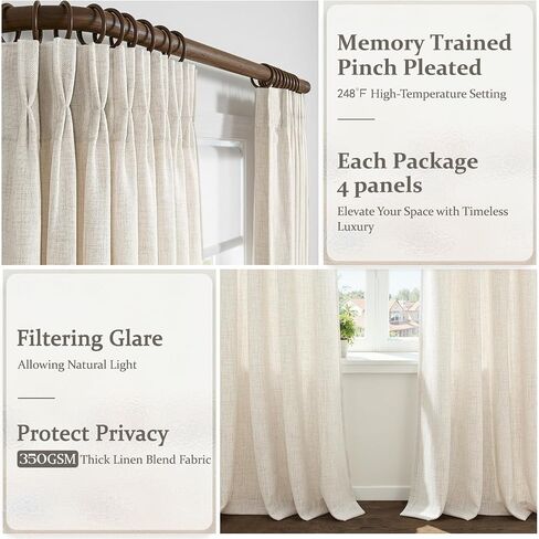 Pinch Pleated Linen Viral Curtains 4 Panels Set for Living Room 96 Inches Long, Birch Memory Trained Pleat Light Sheer Filtering Farmhouse Window Curtain with Hook Ring Ivory Cream Bedroom 8FT Length in Saudi Arabia