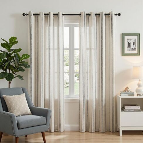 MYSKY HOME Grey Striped Linen Curtains 84 Inches Long Farmhouse Rustic for Bedroom Living Room Light Filtering Ticking Stripe Pinstripe Gray and White Patterned Drapes, Grommet, 2 Panels, 52" Wide in Saudi Arabia