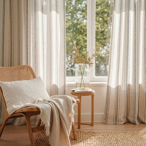 MYSKY HOME Grey Striped Linen Curtains 84 Inches Long Farmhouse Rustic for Bedroom Living Room Light Filtering Ticking Stripe Pinstripe Gray and White Patterned Drapes, Grommet, 2 Panels, 52" Wide in Saudi Arabia