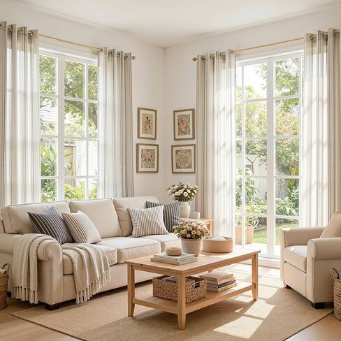 MYSKY HOME Grey Striped Linen Curtains 84 Inches Long Farmhouse Rustic for Bedroom Living Room Light Filtering Ticking Stripe Pinstripe Gray and White Patterned Drapes, Grommet, 2 Panels, 52" Wide in Saudi Arabia