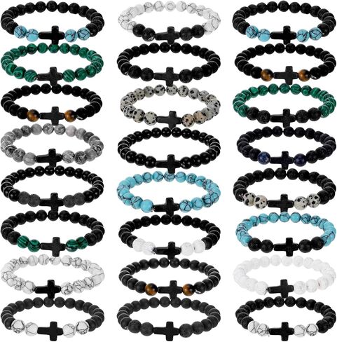 24 Pcs Cross Bracelet for Men Women, 8MM Natural Stone Christian Bracelets Bulk, Easter Bracelets for Adults, Beaded Cross Bracelet Bulk with Turquoise Tiger Eye Stone Natural in Saudi Arabia