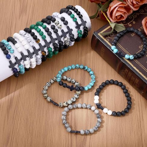 24 Pcs Cross Bracelet for Men Women, 8MM Natural Stone Christian Bracelets Bulk, Easter Bracelets for Adults, Beaded Cross Bracelet Bulk with Turquoise Tiger Eye Stone Natural in Saudi Arabia