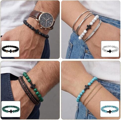 24 Pcs Cross Bracelet for Men Women, 8MM Natural Stone Christian Bracelets Bulk, Easter Bracelets for Adults, Beaded Cross Bracelet Bulk with Turquoise Tiger Eye Stone Natural in Saudi Arabia
