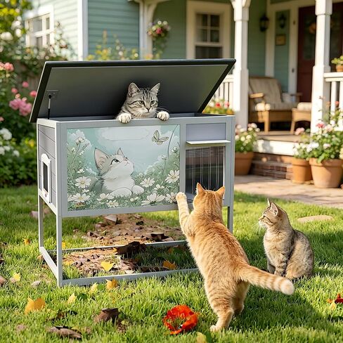 Raised Outdoor Cat House, Weatherproof Cat Shelter for Outside with Insulated All-Round Foam, Feral Cat Enclosure Openable Top, PVC Curtain, Wooden Condos for Small Dogs,Rabbits in Kuwait