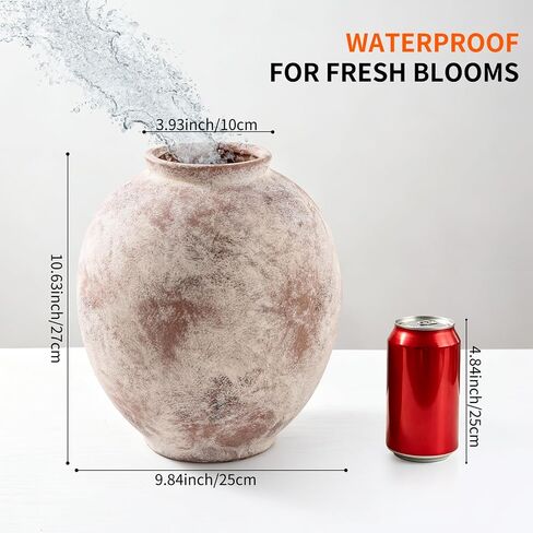 Large Ceramic Vase - 9.8 Inch Rustic Farmhouse Flower Vaase | Round decorative pottery vase for home decor, living room table, entryway, bookshelf, mantel & fireplace in Kuwait