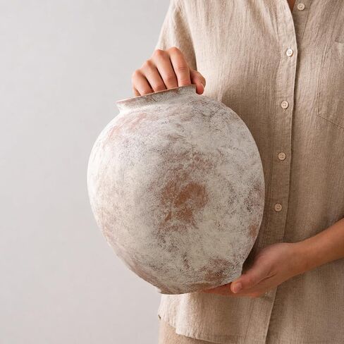 Large Ceramic Vase - 9.8 Inch Rustic Farmhouse Flower Vaase | Round decorative pottery vase for home decor, living room table, entryway, bookshelf, mantel & fireplace in Kuwait