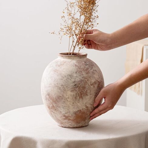 Large Ceramic Vase - 9.8 Inch Rustic Farmhouse Flower Vaase | Round decorative pottery vase for home decor, living room table, entryway, bookshelf, mantel & fireplace in Kuwait